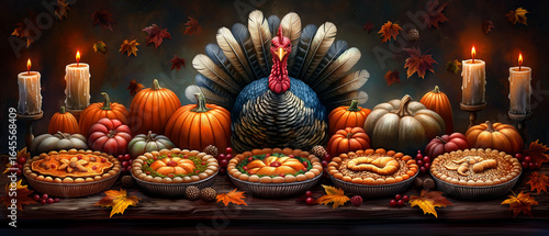 Thanksgiving Dinner Table with Turkey Chef and Pies