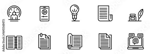 Modern Minimalist Black and White Line Icons: Time Management, Content Creation, Idea Generation,  Writing,  Note-Taking,  and Online Communication.