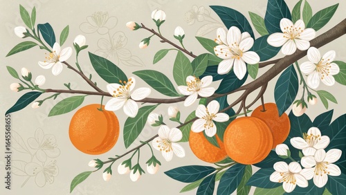 Blooming Orange Tree Branch Botanical Illustration, Floral Design, Springtime Fruit, Oranges and White Blossoms Botanical illustration, Springtime