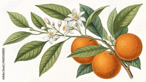 Botanical Illustration Orange Branch with Blossoms, Watercolor Painting, Citrus Fruit, Vintage, Nature, Still Life. Botanical art, citrus