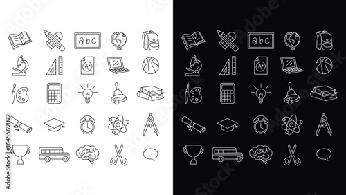 Set of colorful school icons featuring books, pencils, rulers, backpacks, and learning symbols, perfect for education and academic design projects.