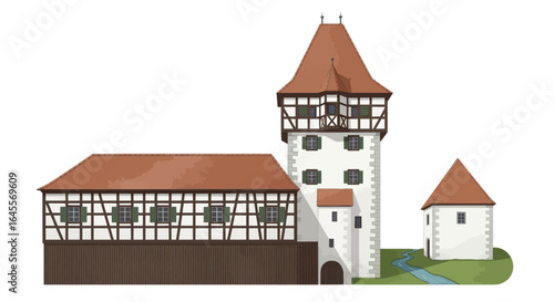 medieval german architecture historic town gatehouse white tower and timberframed building illustration perfect for historical fiction travel guides or game design