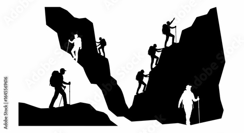 teamwork and perseverance hikers ascending challenging mountain peaks symbolic of business success and overcoming obstacles