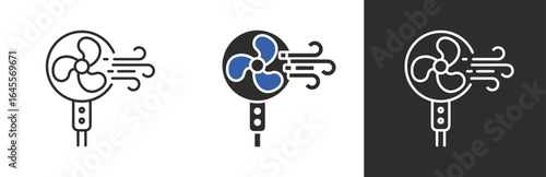 flat and linear set icons, fan icon, cool wind, simple symbols on white and black background - editable stroke vector illustration