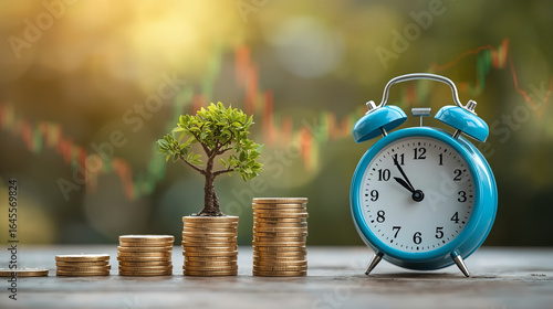 Concept Illustrative Stacks of Coins with Growing Plant and Alarm Clock Symbolising Time is Money