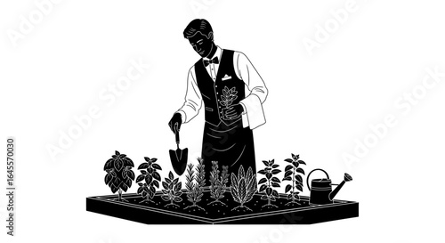 upscale restaurant chef cultivating fresh herbs a culinary illustration for fine dining menus branding and restaurant websites