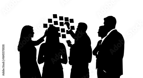 brainstorming session silhouettes of a diverse team collaborating on a project using sticky notes for innovative idea generation and problemsolving