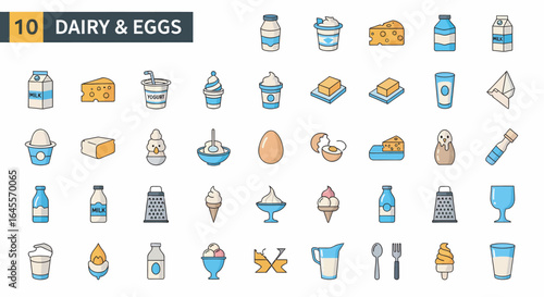 Colorful icons depicting dairy products and eggs;  milk, cheese, butter, ice cream, yogurt.