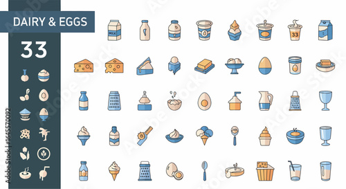 Collection of thirty-three colorful dairy and egg product icons.