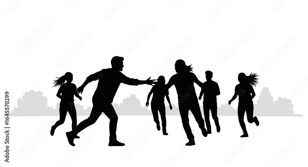 Obraz premium reaching out silhouette of people running and reaching for help teamwork and support concept