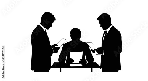 strategic business review three executives analyze documents for critical decisionmaking and project success