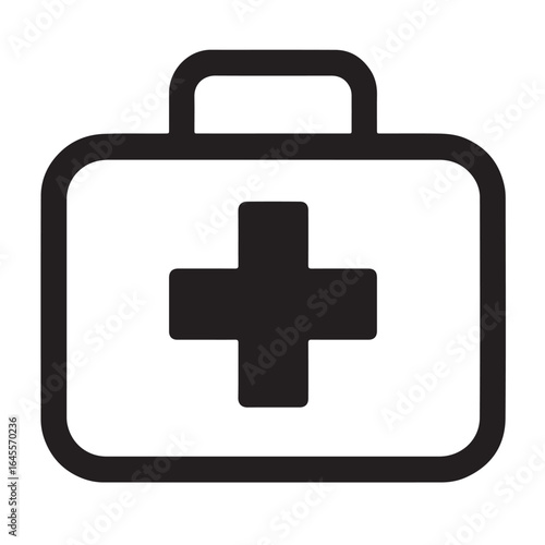 Black first aid kit icon with white cross on white background medical kit health