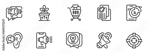 Modern Marketing Strategy Icons:  Growth, Sales, Communication, and Targeted Advertising Line Art Set for Business Presentations and Web Design.