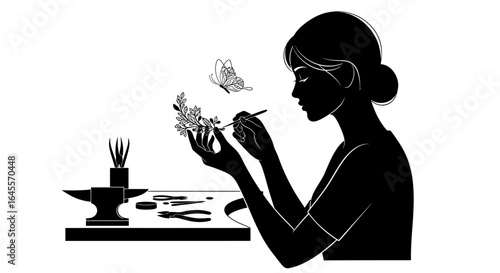 artisan jewelry designer crafting delicate floral headpiece elegant silhouette illustration for websites blogs and branding