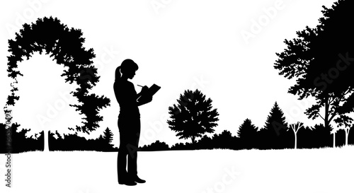 silhouette of a woman taking notes in a peaceful park setting ideal for environmental conservation nature education and ecofriendly business concepts