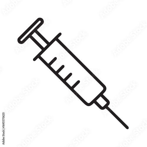 Black outline of a medical syringe on a white background healthcare injection