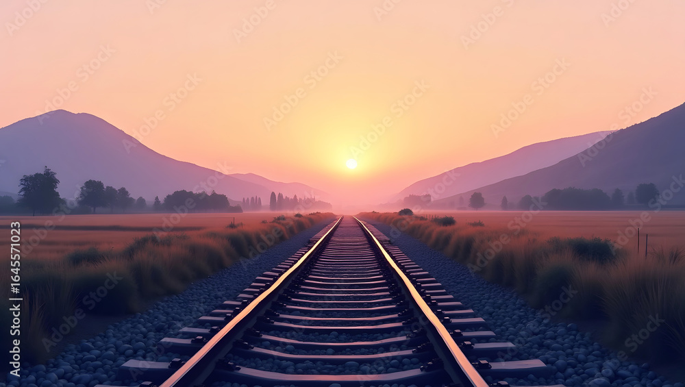 Fototapeta premium Endless Journey: Railroad Tracks at Sunset