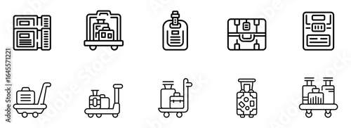 Modern Line Art Icons: Luggage, Travel Bags, Airport Carts, and Boarding Passes; Simple, Clean, and Minimalist Style for Website or App Design.