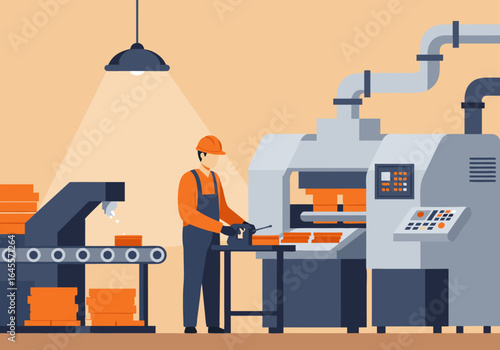 Modern industrial factory with a skilled worker operating manufacturing machinery, illustrating efficient production processes and automation on the busy production floor.