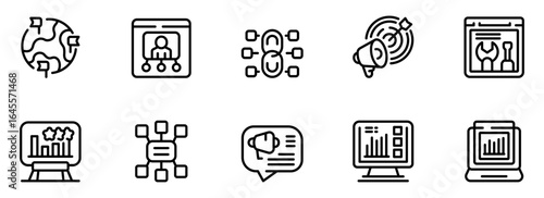 Modern Line Icons: Global Marketing, Networking, Data Analytics, and Targeted Advertising Strategy for Business Success.