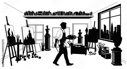 artists studio black and white silhouette illustration for creative design projects website banners and artrelated content