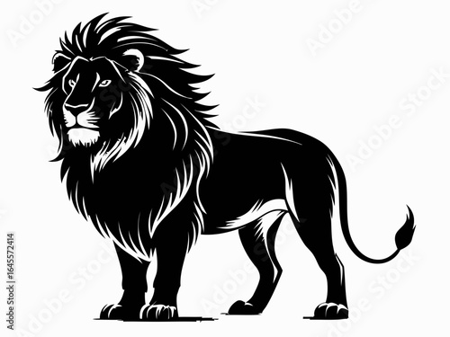 Powerful black and white lion, majestic stance.
