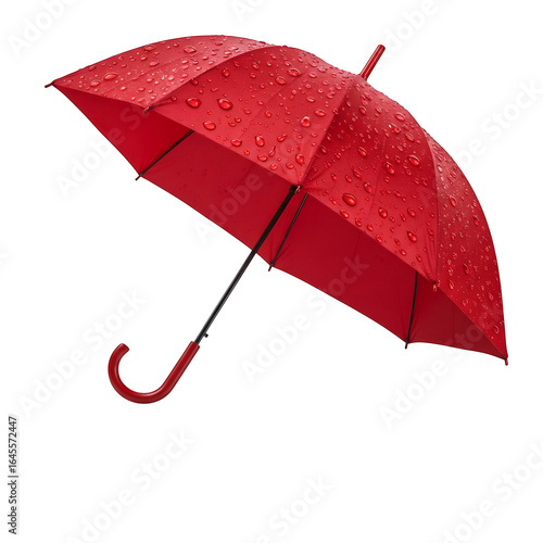 Wet red umbrella lying on the floor, water droplets on glossy surface, pure white or transparent background, photorealistic—ideal for poster or graphic design use