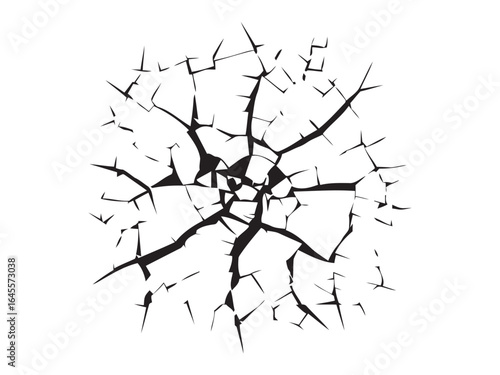 Shattered glass, radial cracks, broken pattern.
