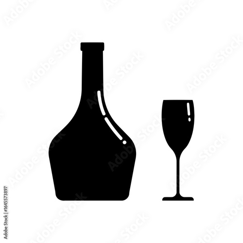 Wine bottle and glass, simple illustration.
