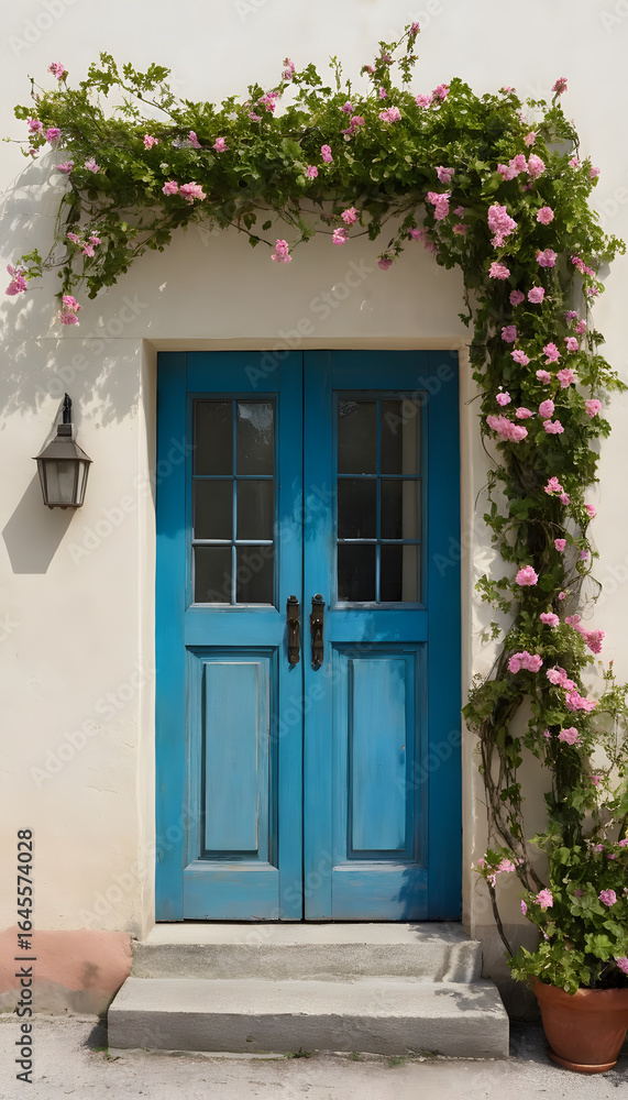 Fototapeta premium Blue Large Wooden Door with Pink Flower Archway