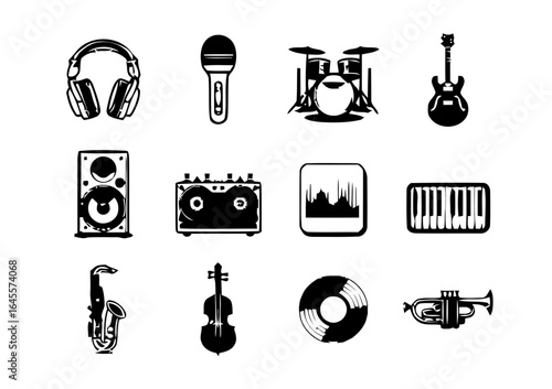 Collection of black and white musical instruments.
