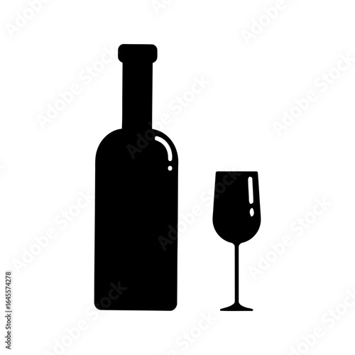 Wine bottle and glass, simple black silhouette.
