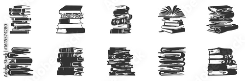 Stacked books of various sizes.