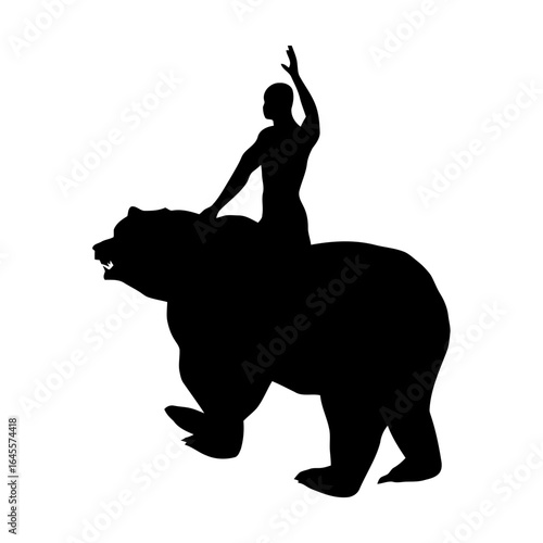 Man riding a large bear, silhouette.
