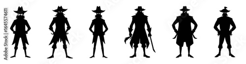 Silhouettes of figures, standing in a row.