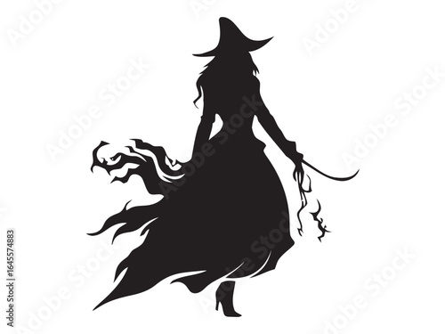 Silhouette of a woman in flowing robes, a powerful figure.
