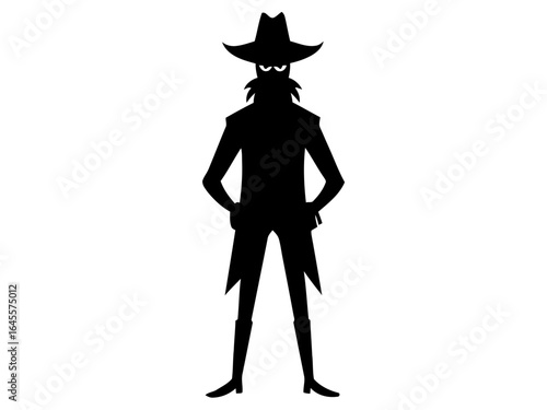 Silhouette of a menacing figure, wearing a hat and dark clothing.
