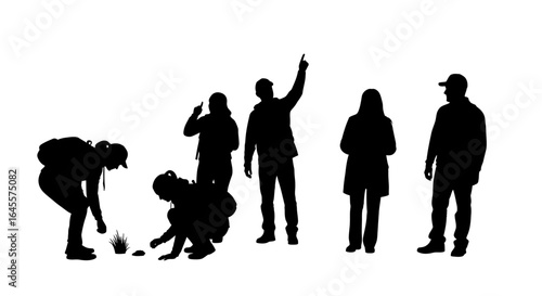 exploring nature silhouettes of a diverse group discovering investigating and pointing out natures wonders perfect for ecotourism environmental awareness and teamwork concepts