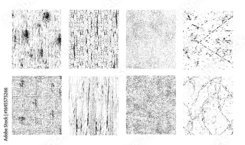 Set of 8 grunge vector textures with distressed, scratched, and worn effects. Perfect for overlays, vintage designs, backgrounds, and retro print projects to add authentic aged detail.