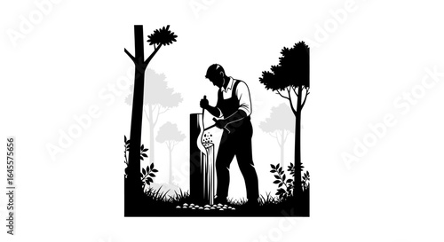 hardworking craftsman shaping wood in a forest black and white silhouette illustration perfect for rustic nature and sustainable businesses