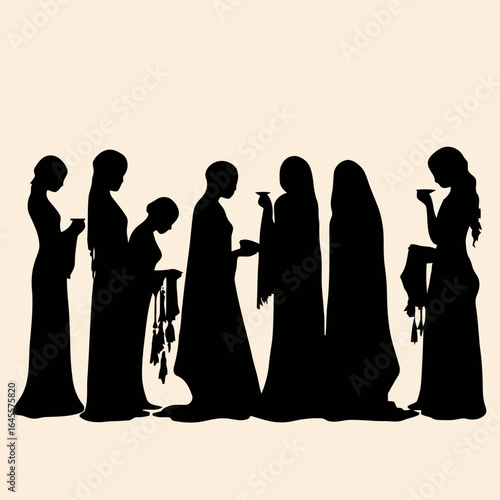Silhouettes of women in flowing robes, exchanging items.
