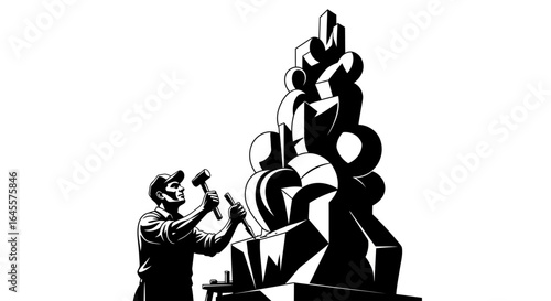 sculpting success a black and white illustration of an artist meticulously crafting an abstract masterpiece symbolizing perseverance and the creation of value