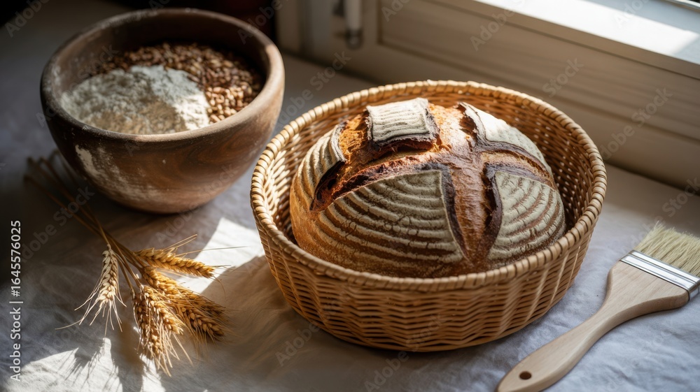 Sourdough bread in a basket with flour and wheat stalks Sourdough bread in a basket with flour and wheat stalks