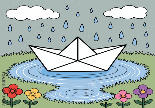 An origami paper boat sails on the blue ocean waves under a summer sky
