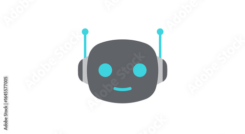 A simple, stylized illustration of a robot's head with blue eyes and antennae, smiling on a white background.