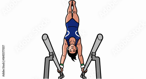 Illustration of a skilled female gymnast balancing in a handstand on parallel bars, showcasing athletic strength and precision.