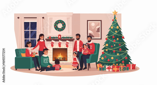 Joyful Family Gathering During the Holiday Season, Celebrating Christmas with Gifts and a Decorated Tree in a Cozy Home