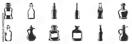 Various bottles and jugs in black and white.