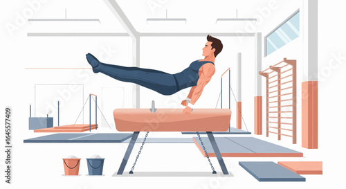 Gymnast performing a pommel horse routine in a gymnasium illustration