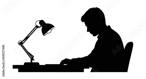 focused student or professional working late at desk under desk lamp silhouette illustrating dedication hard work and determination for success